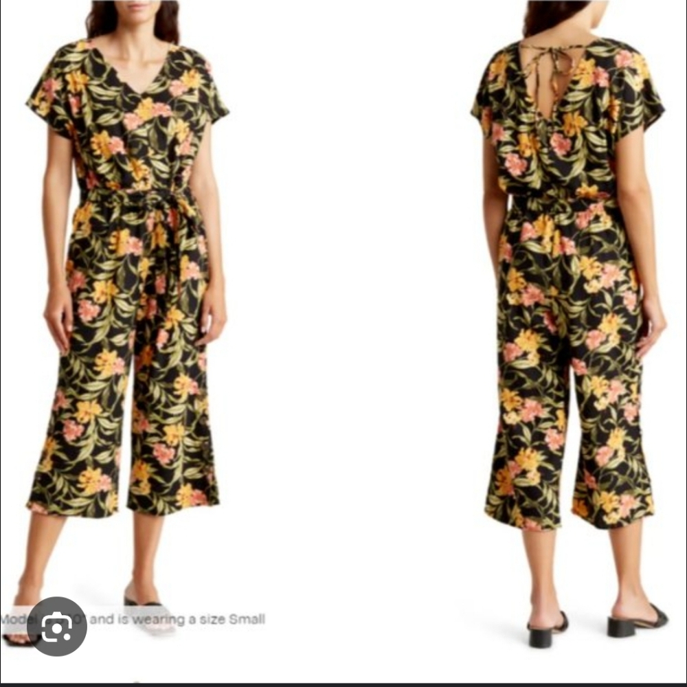Kensie Black and Yellow Floral Jumpsuit with Wide-Leg Cropped Pants Linen Blend